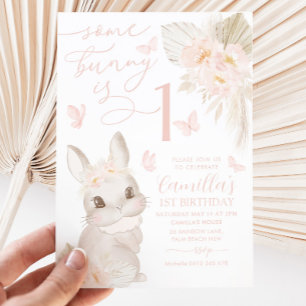 Invitation Quelques Lapin 1er Anniversaire Boho Rose Butterfl