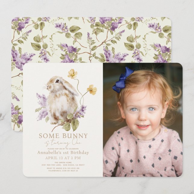 Invitation Quelques Lapin Lop Purple Lilac Photo 1er Annivers (Devant / Derrière)