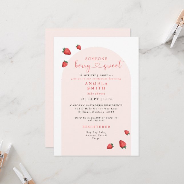 Invitation Quelqu'un Berry Sweet Blush Baby shower (Devant/Arrière en situation)