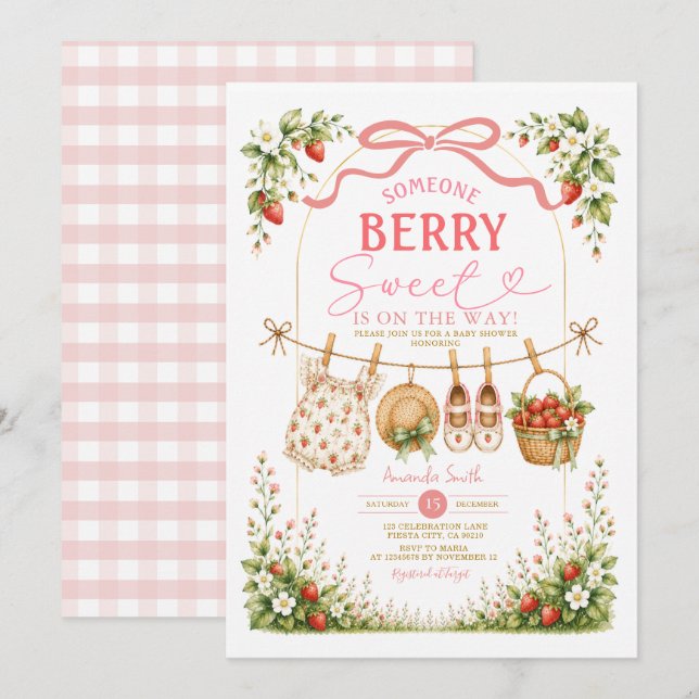 Invitation Quelqu'un de très mignon arrive Bébé fraise  (Devant / Derrière)