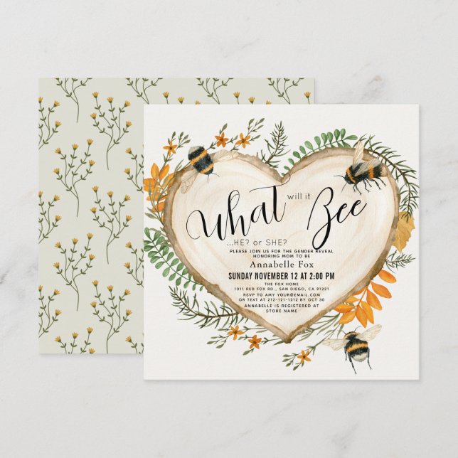 Invitation Qu'est-ce que ce sera Bee Wood Slice Heart Révéler (Devant / Derrière)