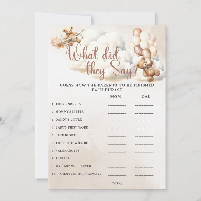 Invitation QU'EST-CE QU'ILS ONT DIT Jeu de Baby Shower Ours M (Devant)