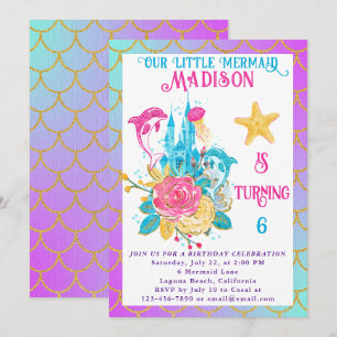 Invitation Queue de Petite Sirène Violet Turquoise Or Anniver