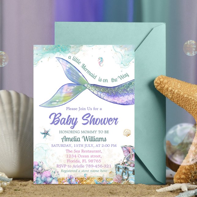 Invitation Queue de sirène bébé fille pastel sarcelle violet (Créateur téléchargé)