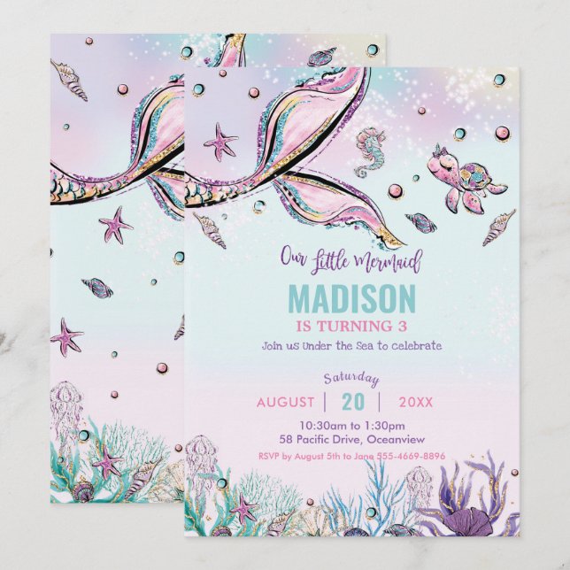 Invitation Queue de sirène de fond sous la mer Anniversaire (Devant / Derrière)