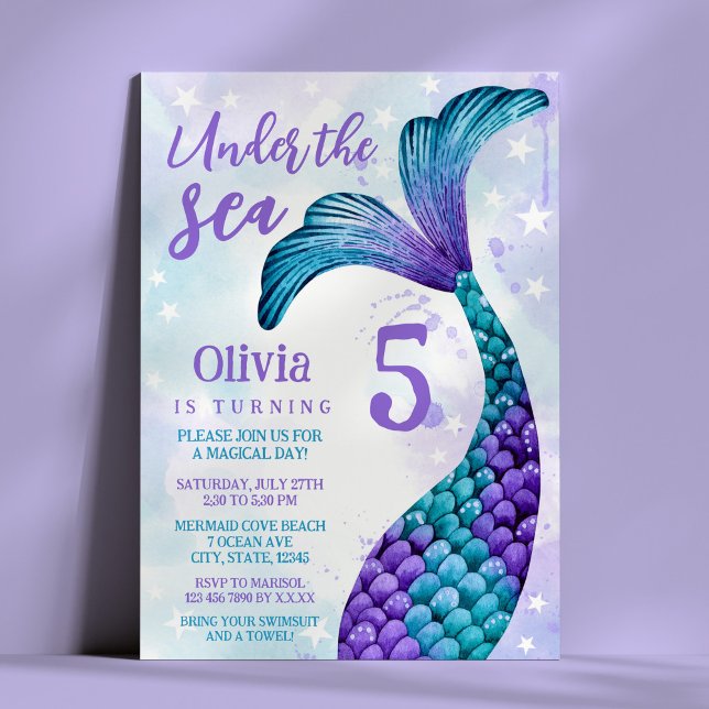 Invitation Queue de sirène en violet + Aquarelle Turquoise An (Mermaid Tail in Purple + Teal Watercolor Birthday Invitation)