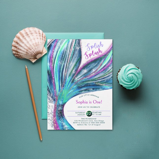 Invitation Queue de sirène Holographique Aquarelle 1er annive (mermaid birthday invitation 1st under the sea onederful girl party holographic glitter cute)