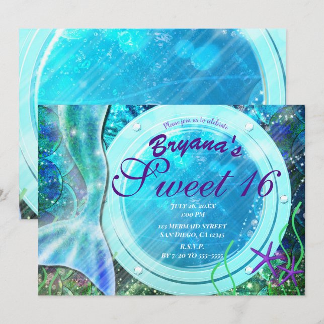 Invitation Queue de Sirène Magie sous la Mer Douce 16e Annive (Devant / Derrière)