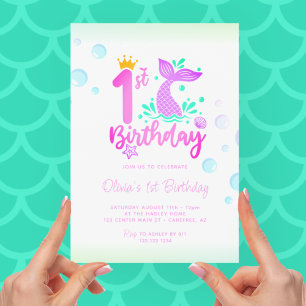 Invitation Queue de sirène Mignon aquarelle 1er anniversaire
