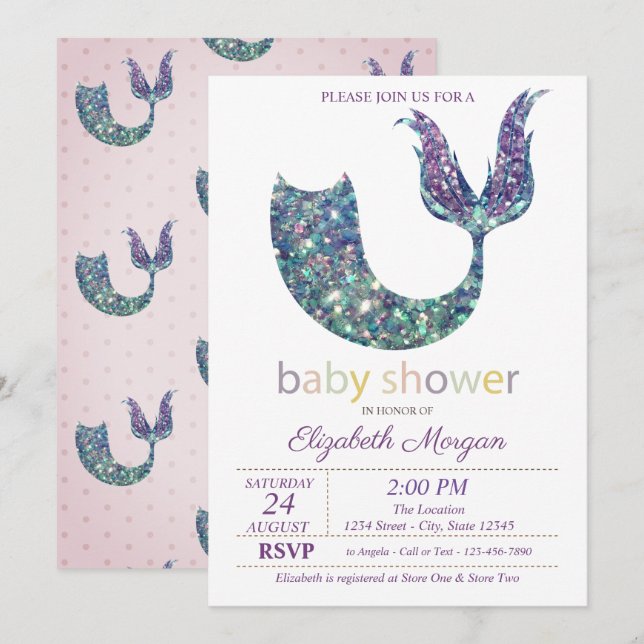 Invitation Queue de sirène mignonne pour Baby Shower  (Devant / Derrière)