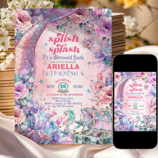 Invitation Queue de sirène pailletée de fleurs pour 4ème anni (Créateur téléchargé)