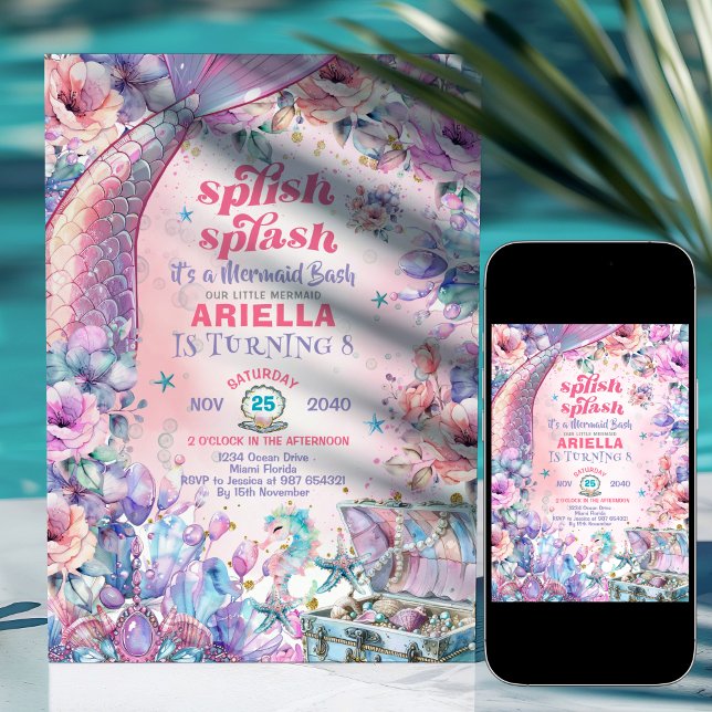 Invitation Queue de sirène pailletée Fleur pour 8ème annivers (Créateur téléchargé)