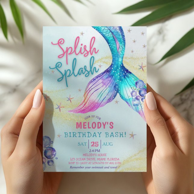 Invitation Queue de sirène Paillettes Splish Splash anniversa (Créateur téléchargé)
