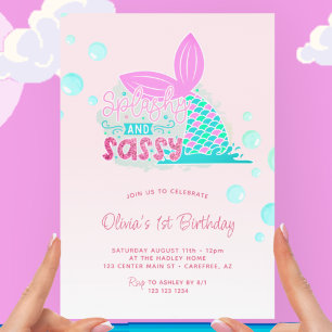 Invitation Queue de sirène Rose Arc-en-ciel 1er Anniversaire