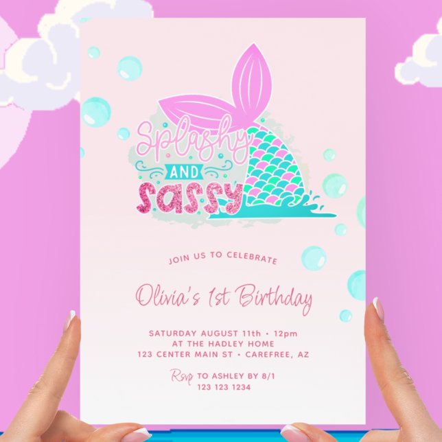 Invitation Queue de sirène Rose Arc-en-ciel 1er Anniversaire (Créateur téléchargé)