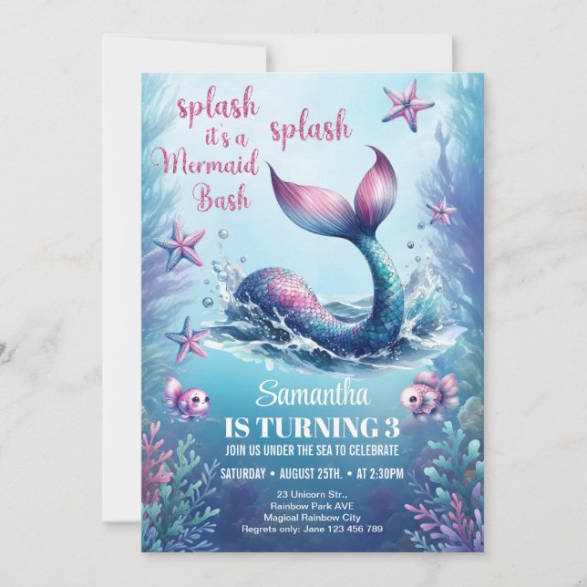 Invitation Queue en sirène rose or aquarelle marine pour anni (Devant)