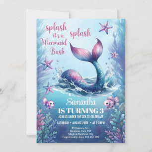Invitation Queue en sirène rose or aquarelle marine pour anni