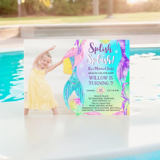 Invitation Queues de sirène de plage Anniversaire de enfant p (Beach mermaid tails ocean photo Kids birthday Invitation)