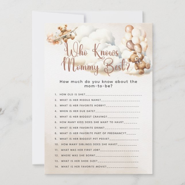 Invitation QUI CONNAÎT MOMMY BEST Questions Baby shower Jeu (Devant)