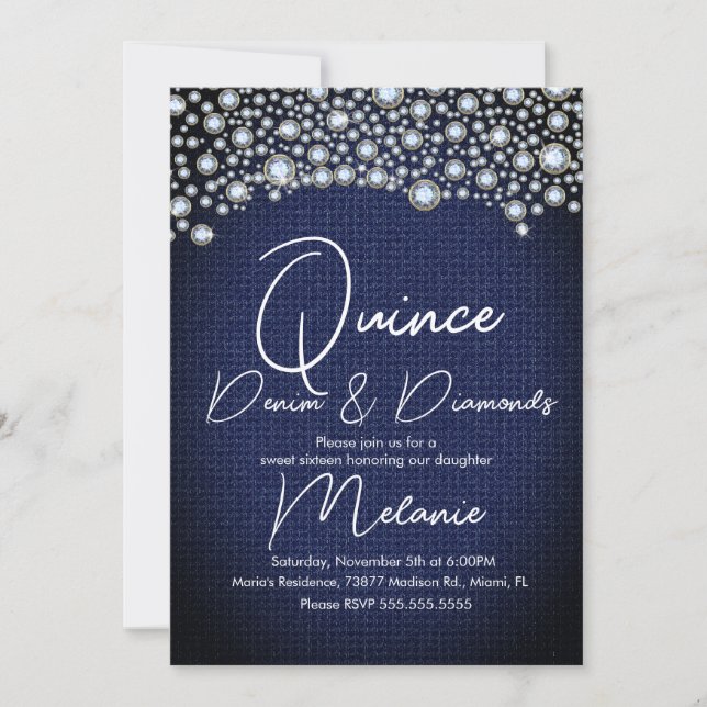 Invitation Quince Denim Diamants Gem Diamants Éparpillés (Devant)