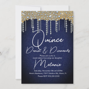 Invitation Quince Denim Diamants Gemme Perles Or