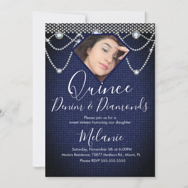Invitation Quince Denim Diamants Gemme Perles Photo  (Devant)