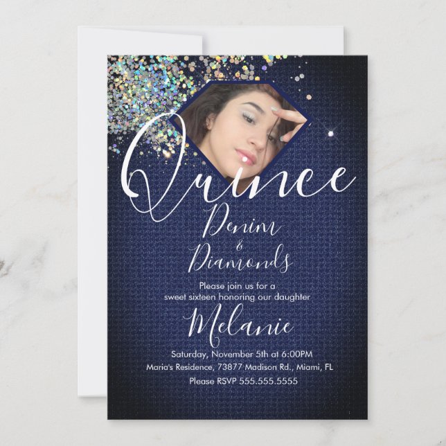 Invitation Quince Denim Diamants Gemme Photo Holographique (Devant)