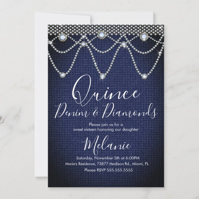 Invitation Quince Denim Diamonds Gem Pearls (Devant)