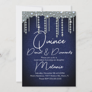 Invitation Quince Denim Diamonds Gem Pearls Chic