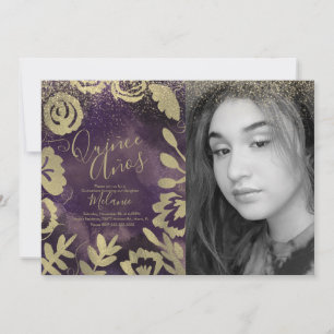 Invitation Quiñce Faux Pailleté Floral Violet Or Photo