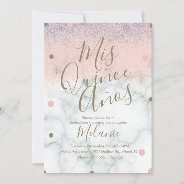 Invitation Quiñce Faux Paillettes Points Or Rose Marbre (Devant)