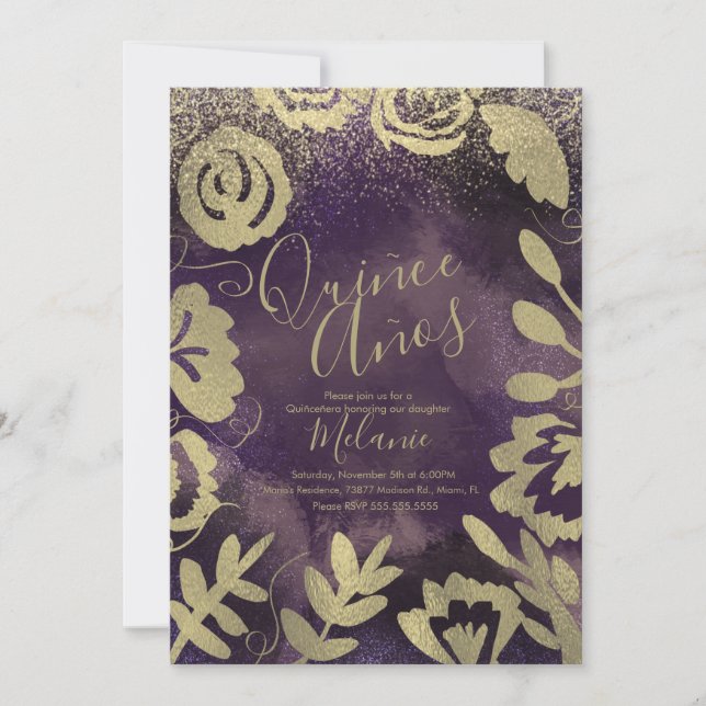 Invitation Quiñce Faux Parties scintillant Purple Floral Or A (Devant)