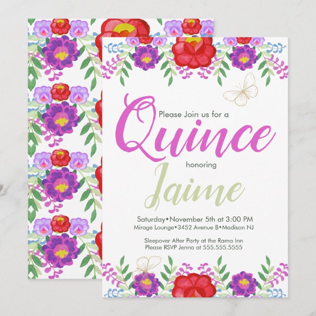 Invitation Quince Quinceanera Aquarelle Florale rose blanc (Devant / Derrière)