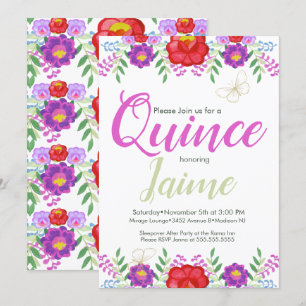Invitation Quince Quinceanera Aquarelle Florale rose blanc