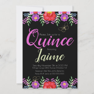 Invitation Quince Quinceanera Aquarelle Florale rose Noir