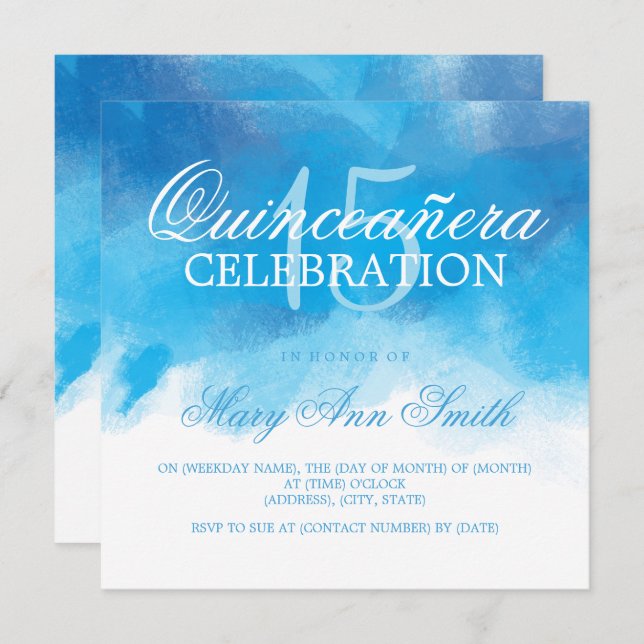 Invitation Quinceanera 15 Anniversaire Bleu d'été Aquarelle (Devant / Derrière)