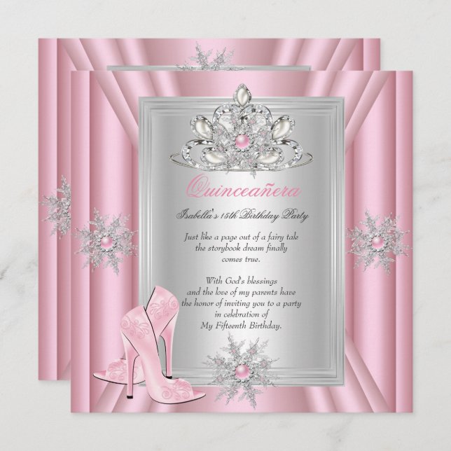 Invitation Quinceanera 15 Anniversaire Clair Talons roses (Devant / Derrière)
