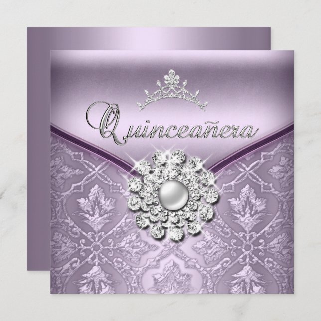 Invitation Quinceañera 15 Anniversaire Fête Damask Lilac (Devant / Derrière)