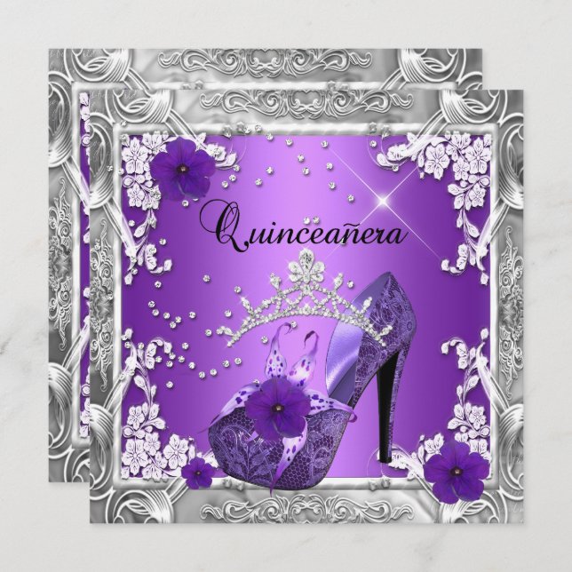 Invitation Quinceanera 15 Anniversaire Fête d'Argent Violet (Devant / Derrière)