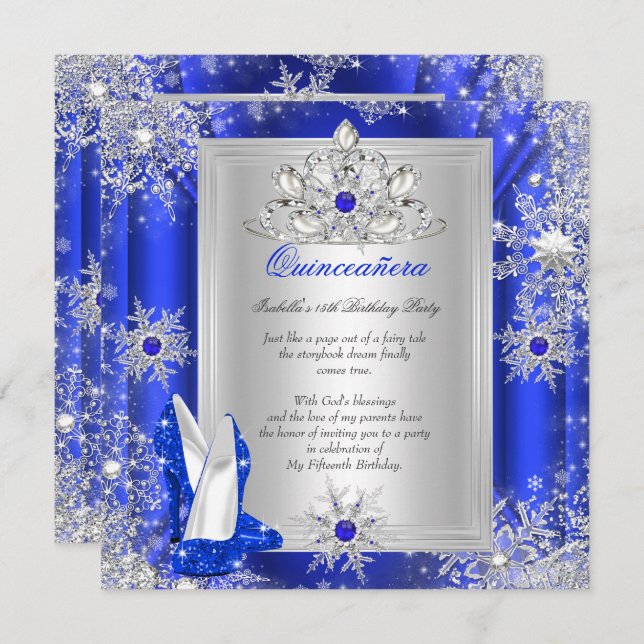 Invitation Quinceanera 15 Anniversaire fête Royal Blue Heels  (Devant / Derrière)