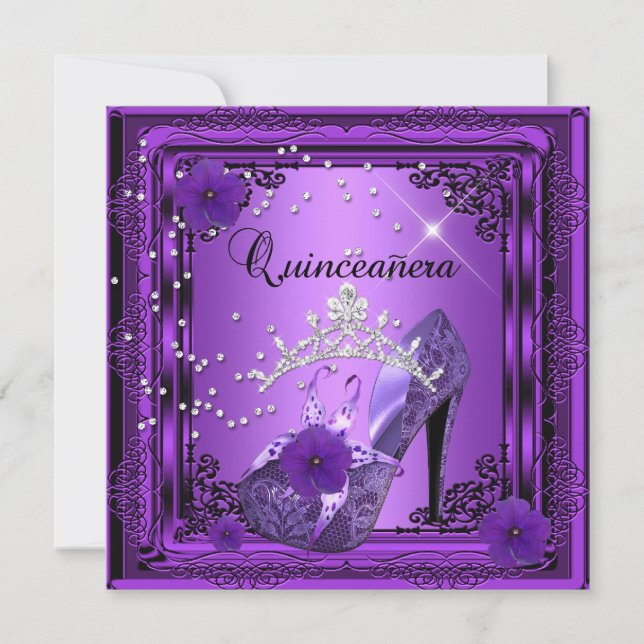 Invitation Quinceanera 15 Anniversaire fête violet noir (Devant)
