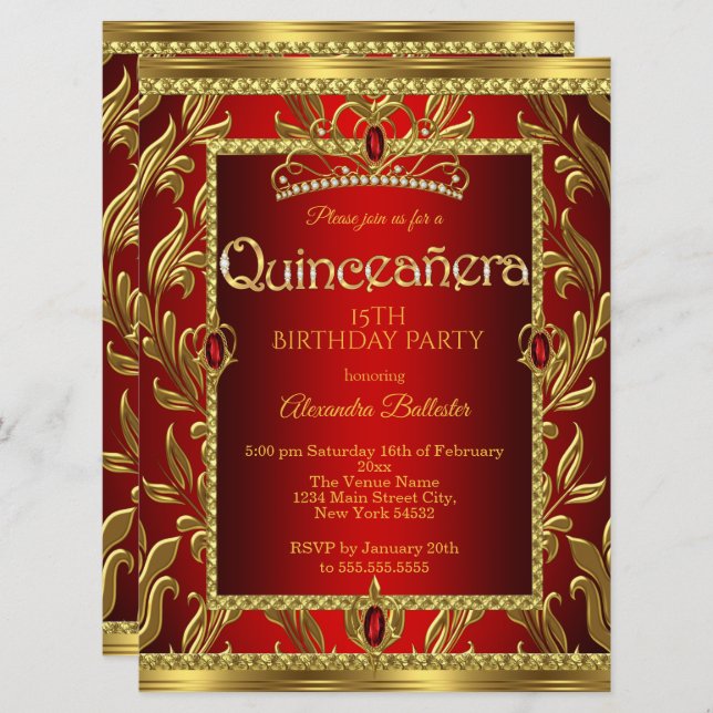 Invitation Quinceanera 15 Anniversaire Rouge Ruby Bijou Tiara (Devant / Derrière)