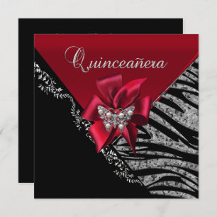 Invitation Quinceanera 15 Anniversaire Zebra Rouge Noir Argen