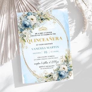 Invitation Quinceañera 15 ans Bleu Poussiéreux Orné de Verdur