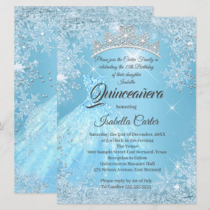 Invitation Quinceañera 15 ans Cendrillon Flocon de neige bleu
