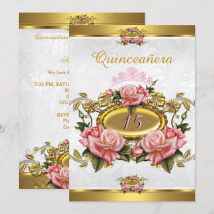 Invitation Quinceanera 15 ans Élégantes Roses Rose et Or Blan
