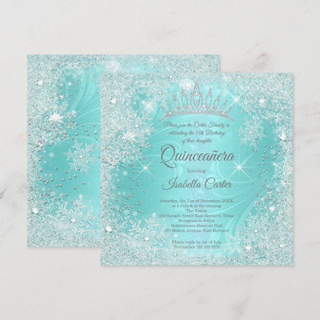 Invitation Quinceañera 15 ans Flocon de neige sarcelle Hiver  (Devant / Derrière)