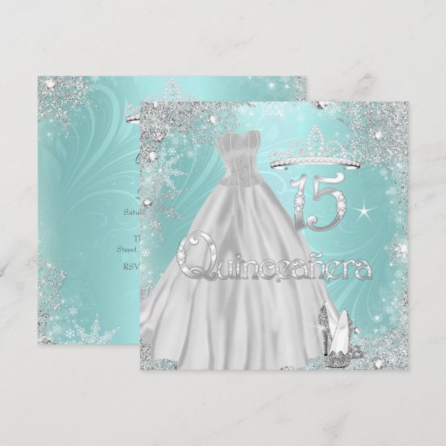 Invitation Quinceañera 15 ans Flocons de neige sarcelle argen (Devant / Derrière)