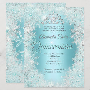 Invitation Quinceañera 15 ans Jolie Argent Turquoise Flocon d