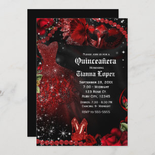 Invitation Quinceañera, 15 ans, mascarade rouge et noire
